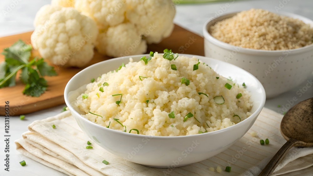 Cauliflower rice with fresh herbs, light and healthy, on a modern kitchen counter Cauliflower rice with fresh herbs, light and healthy, on a modern kitchen counter