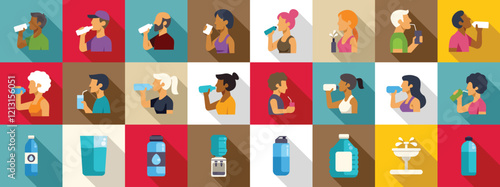 Thirsty people drinking icons set. Diverse people hydrating, drinking water from bottles, glasses and water dispensers, promoting health and wellbeing