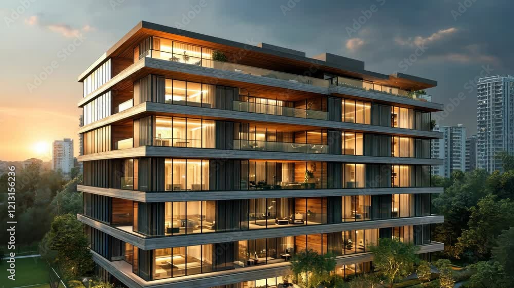 Modern architectural design of luxe apartment complex in urban sunset setting Modern architectural design of luxe apartment complex in urban sunset setting