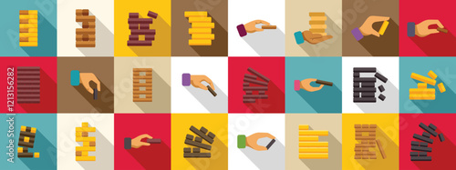Wood stack balances game icons set. Set of icons representing people playing block stacking game, building and collapsing wooden towers