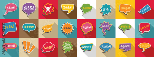 Swear speech bubble icons set. Colorful swearing speech bubbles exploding with symbols, punctuation marks, and curse words, expressing anger and frustration in a vibrant and dynamic way