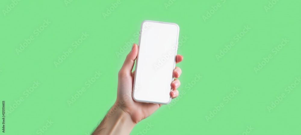 Hand showcasing a smartphone mockup with a blank screen for banner or app design on a green background. Hand showcasing a smartphone mockup with a blank screen for banner or app design on a green background.