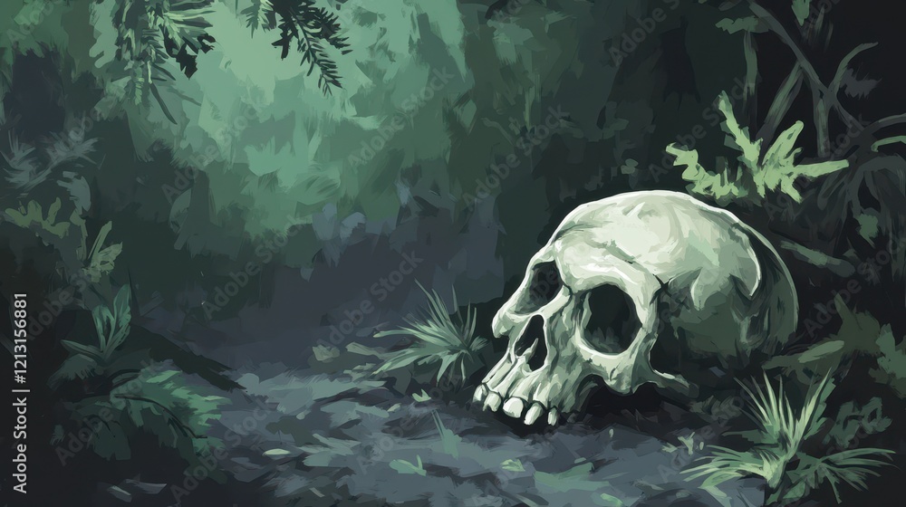 A Human Skull Rests Amidst Lush Jungle Foliage A Human Skull Rests Amidst Lush Jungle Foliage