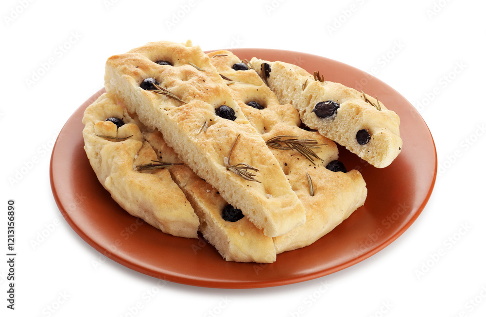 Slices of delicious focaccia bread with olives and rosemary isolated on white Slices of delicious focaccia bread with olives and rosemary isolated on white