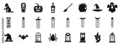 Halloween porch icons set. Black and white halloween icons representing various spooky symbols, decorations, and elements associated with the holiday