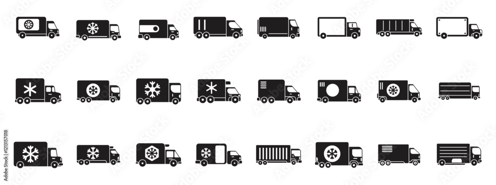 Car refrigerator icons set. Set of various refrigerated truck icons, symbolizing temperature controlled transportation in the cold chain logistics industry Car refrigerator icons set. Set of various refrigerated truck icons, symbolizing temperature controlled transportation in the cold chain logistics industry
