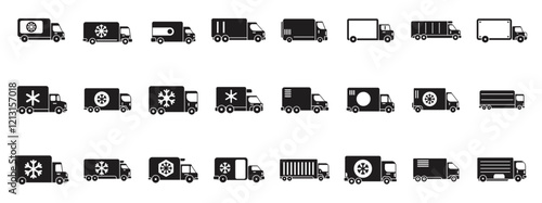 Car refrigerator icons set. Set of various refrigerated truck icons, symbolizing temperature controlled transportation in the cold chain logistics industry