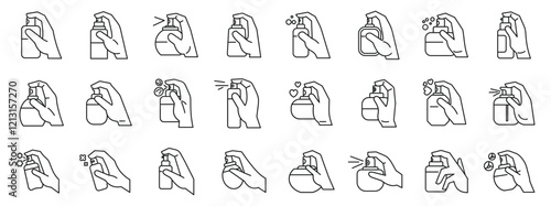 Hands perfume dispenser icons set. Line icons representing hands spraying various products, including disinfectant, deodorant, and perfume