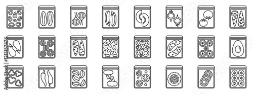 Frozen vegetables icons set. Different types of frozen vegetables stored in labeled freezer bags, ensuring long lasting freshness and easy meal preparation