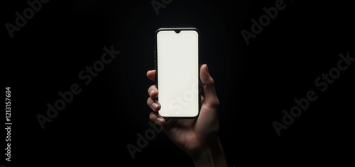 Hand holding a smartphone mockup with a blank screen for banner or app design on a black background.