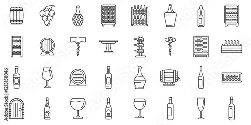 Wine cellar interior icons set. Winemaking icons representing various stages of wine production, storage, and serving, including grapes, barrels, bottles, glasses, and cellar equipment