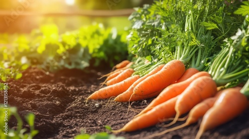 Freshly harvested carrots on dark soil with vibrant green tops bathed in golden sunlight photo