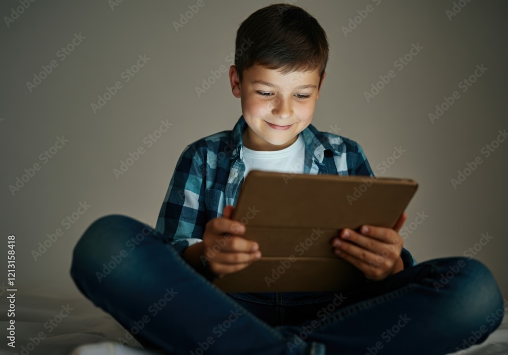 Young boy enjoying his tablet computer, sitting comfortably with legs crossed Young boy enjoying his tablet computer, sitting comfortably with legs crossed