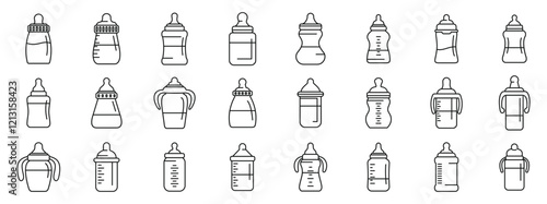 Feeding bottle icons set. Collection of various baby bottles, including classic designs and sippy cups with handles, providing diverse choices for infant feeding
