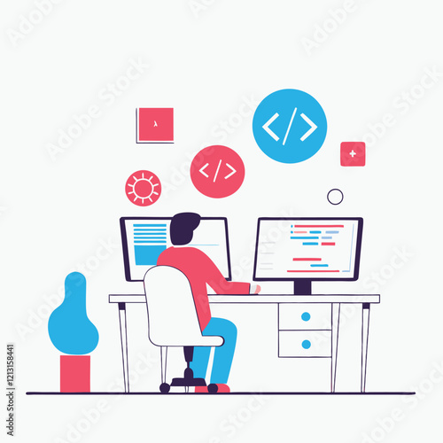 Isometric Software Developer Workspace: Coding, Programming, Tech, Design, Innovation, Modern       