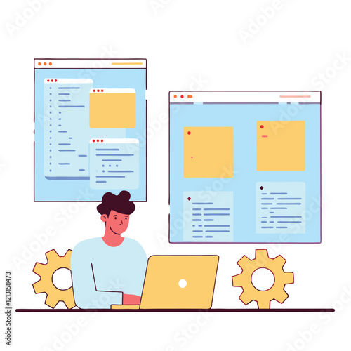Isometric Web Dev: Programmer Coding in Modern Office Space 3d code data cloud clean design laptop  