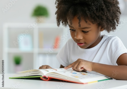 Young girl pointing her finger at a picture book while learning at home