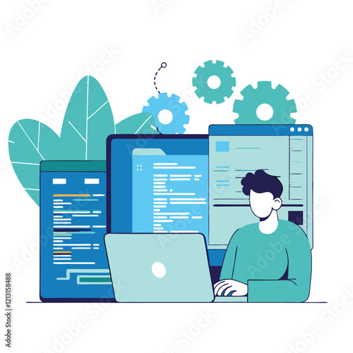 Isometric Web Developer: Coding, Programming, Software Development, Digital, Technology, Interface, 