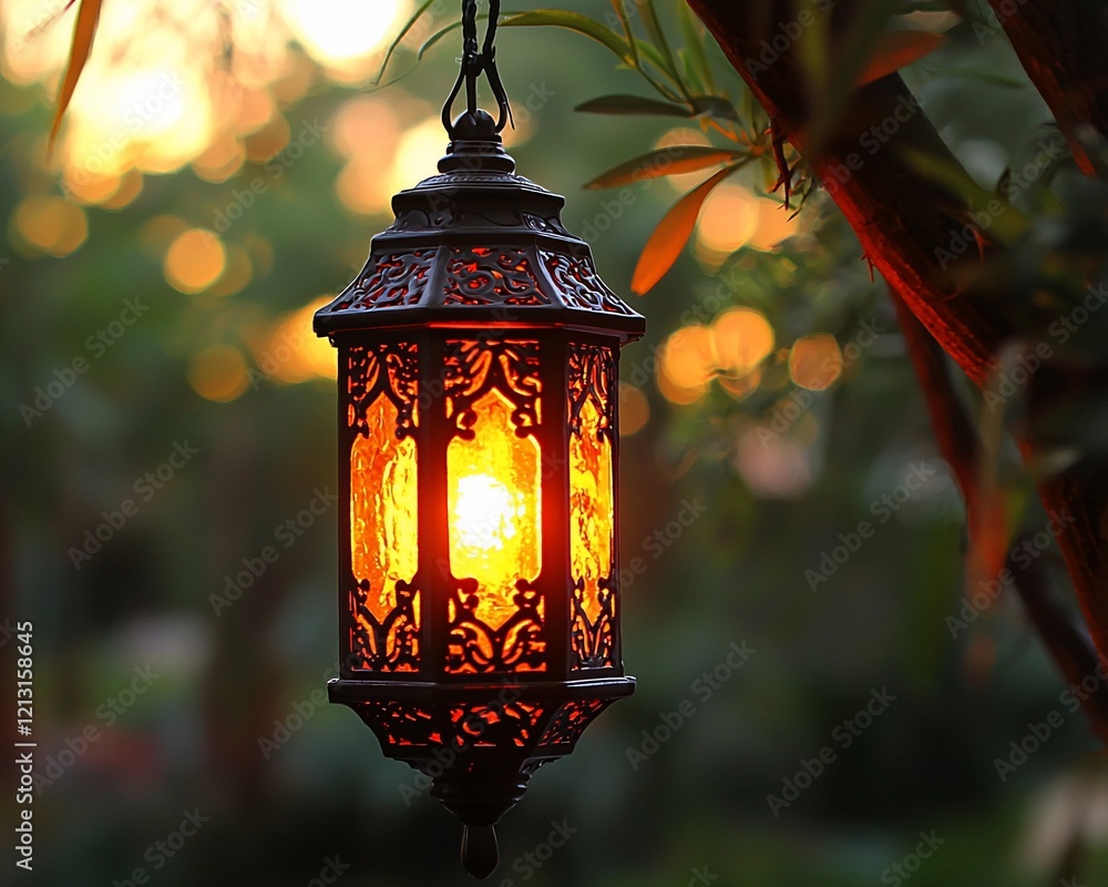 Illuminated Moroccan lantern hanging from tree branch at sunset. Illuminated Moroccan lantern hanging from tree branch at sunset.