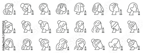 Woman blow candles icons set. Female profiles sniffing candles, aromatherapy and relaxation line icons