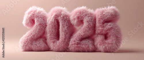 Pink fluffy 2025 on neutral background. New year card
