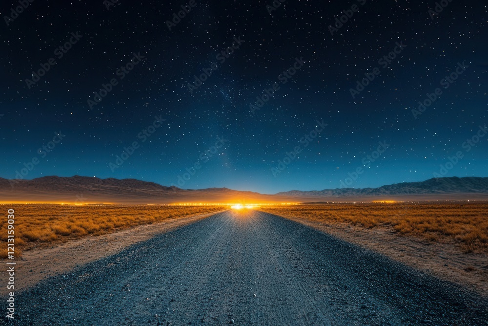 Fototapeta premium long exposure photograph capturing a deserted desert road at night car headlights illuminate the path against a starry night sky evoking feelings of adventure and solitude in the vast wilderness