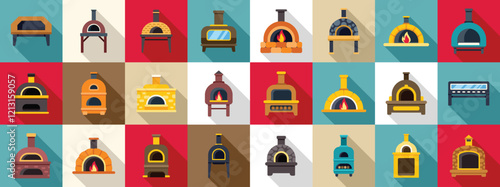 Pizza oven icons set. Set of different brick ovens used for cooking pizza and other dishes