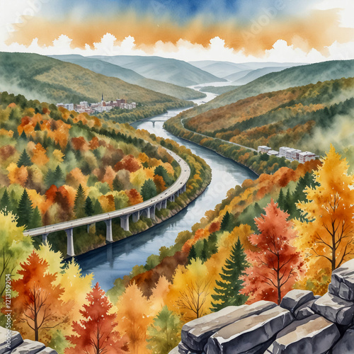  watercolor illustration of Beckley, West Virginia, showcasing the stunning beauty of the Appalachian Mountains photo