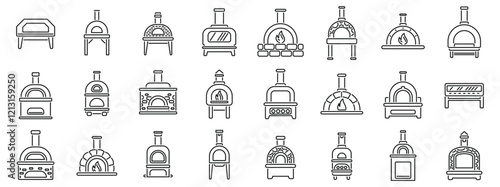 Pizza oven icons set. Collection of pizza oven icons representing various models and designs, ideal for projects related to cooking, baking, and pizzeria equipment