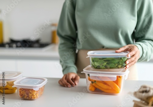 Housewife storing fresh vegetables in airtight containers, ensuring food preservation and reducing waste in a modern kitchen