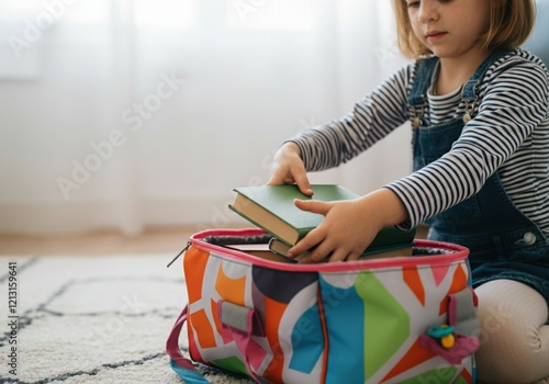 Child preparing colorful bag for school, carefully placing books inside photo