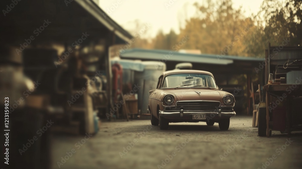 Fototapeta premium Rusty vintage car parked in a cluttered garage.