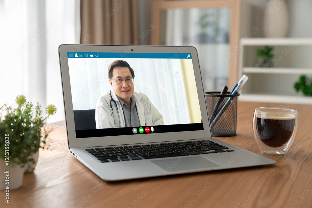 Doctor video call online by modish telemedicine software application for virtual meeting with patient Doctor video call online by modish telemedicine software application for virtual meeting with patient
