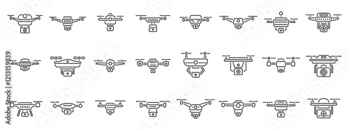 Drone medical icons set. Set of simple black line icons featuring medical drones carrying first aid, blood, and pharmacy supplies