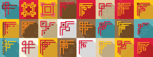 Chinese corner icons set. Intricate corner frame designs inspired by chinese lattice patterns, adding an ornate touch to various projects