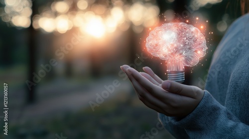 A person holds a glowing light bulb with a brain illustration, representing creativity and innovation, set against a blurred background for a modern visual impact