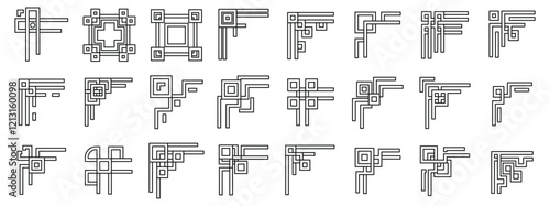 Chinese corner icons set. Set of twenty decorative corner elements with geometric shapes, offering various options for design projects