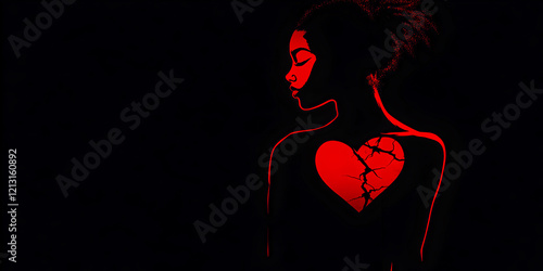 Silhouette of a girl with a broken heart in her chest, on a dark background, Girl suffering from undivided love, Concept of broken love photo