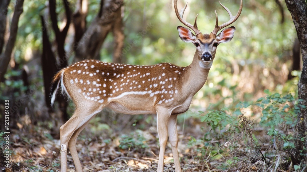 Axis deer standing in forest, dappled sunlight. Axis deer standing in forest, dappled sunlight.