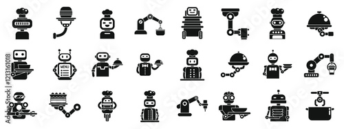 Robot restaurant icons set. Set of robotic chefs and waiters preparing and serving meals, showcasing automation in the restaurant industry