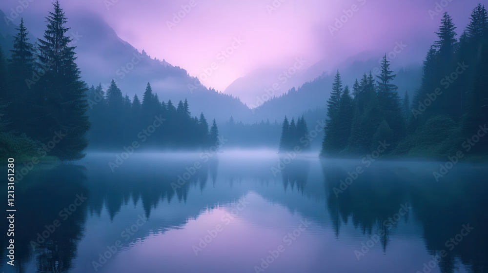 tranquil mountain lake reflection at twilight surrounded by misty pine forest with ethereal purpleblue atmosphere and glasslike water surface tranquil mountain lake reflection at twilight surrounded by misty pine forest with ethereal purpleblue atmosphere and glasslike water surface