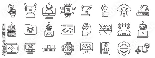 RPA icons set. Set of outline icons symbolizing robotics, ai, machine learning, automation, and technological progress