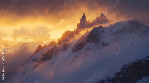 Dramatic sunrise sets clouds aflame with golden light above rugged snowy mountain peaks. Zenith Tower. Illustration