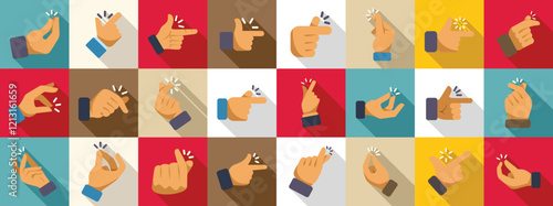 Easy finger icons set. Collection of hand gesture icons representing various actions such as snapping fingers, pointing, and clicking, ideal for visual communication