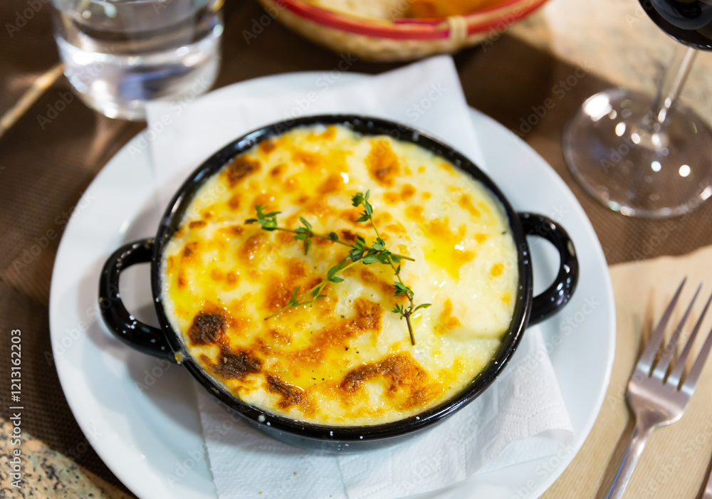 Appetizing lasagna with meat and cheese served on platter