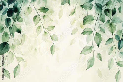 Eco-inspired watercolor pattern with delicate leaves and vines in pastel green tones on a soft beige background