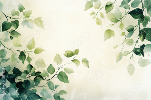Eco-inspired watercolor pattern of leaves and vines in pastel green on a soft beige background for artistic design