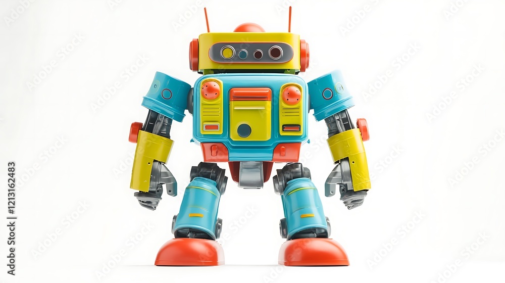Fototapeta premium Old-school robot toy with bright colors and vintage features isolated on white background