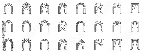 Romantic wedding arch icons set. Collection of wedding arches decorated with elegant curtains and beautiful flowers, perfect for creating a romantic atmosphere