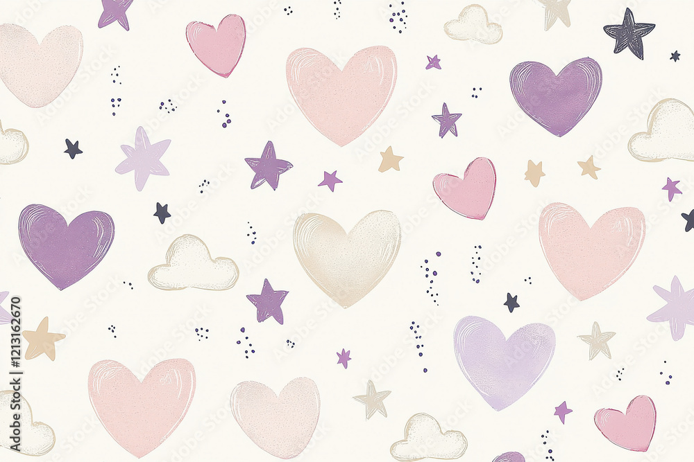 Soft kids pattern featuring pastel hearts and stars in muted colors, perfect for charming stationery designs Soft kids pattern featuring pastel hearts and stars in muted colors, perfect for charming stationery designs